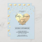 かわいく青い金ゴールドホイルのハートの男の子のベビーシャワー 招待状 (正面/裏面)