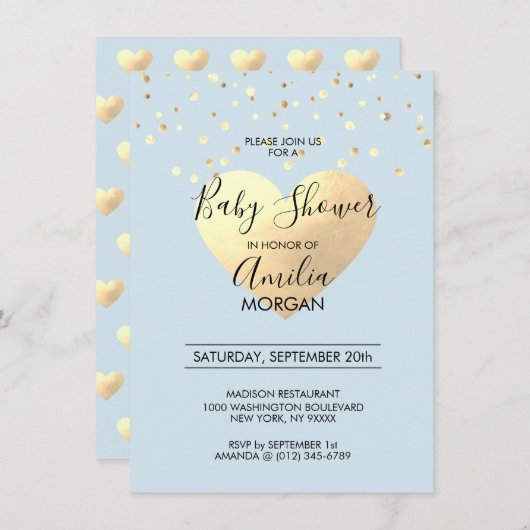かわいく青い金ゴールドホイルのハートの男の子のベビーシャワー 招待状 (正面/裏面)