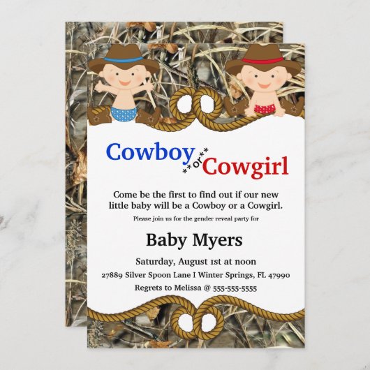 かわいく青及び赤い迷彩柄の国の性は招待を明らかにします 招待状 (正面/裏面)