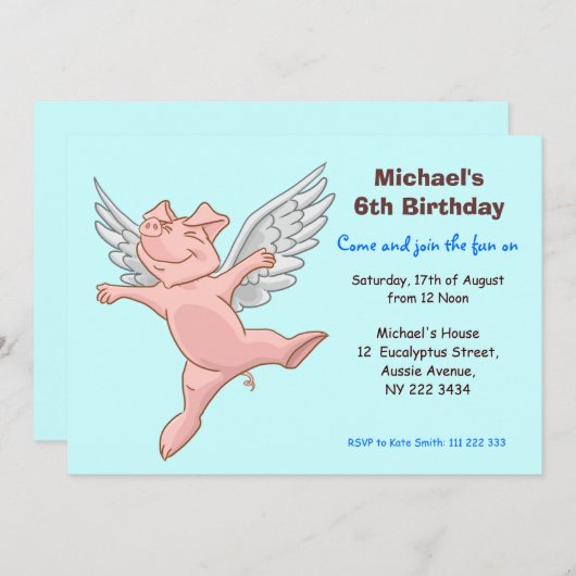 かわいく飛んでいるなブタの誕生日のパーティの招待状 招待状 (正面/裏面)