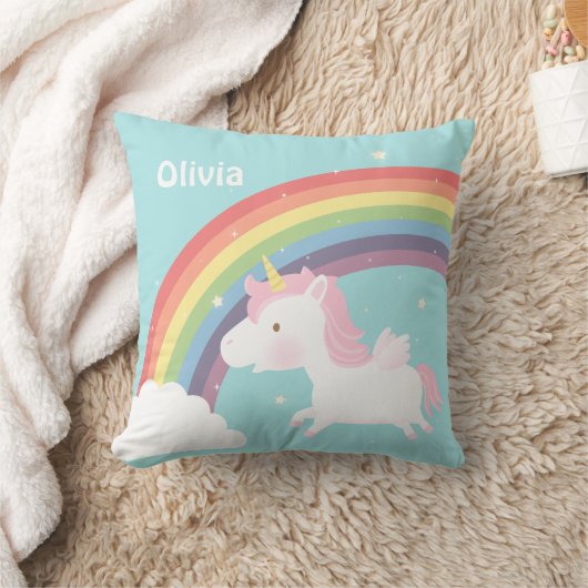 かわいく飛んでいるなユニコーンの虹の女の子部屋の装飾 クッション (ブランケット)