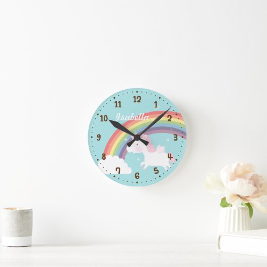 かわいく飛んでいるなユニコーンの虹の女の子部屋の装飾 ラウンド壁時計 (ホーム)