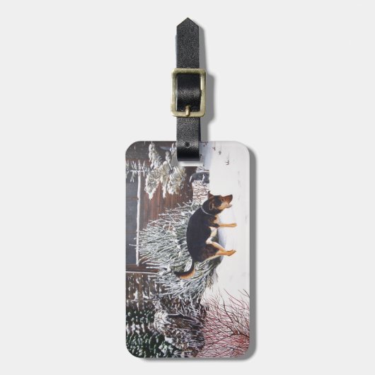 かわいく黒いおよび黄褐色の犬との冬の雪場面 ラゲッジタグ (正面縦)