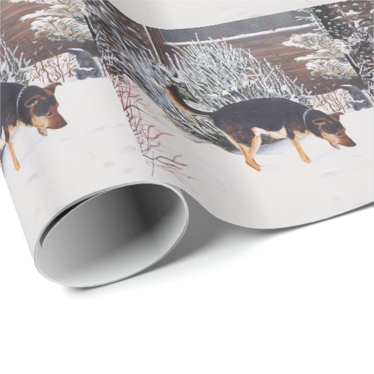 かわいく黒いおよび黄褐色の犬の芸術の冬の雪場面 ラッピングペーパー (ロールコーナー)