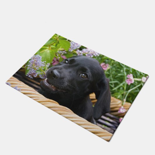 かわいく黒いラブラドル・レトリーバー犬犬の子犬ペット写真 ドアマット (アングル)