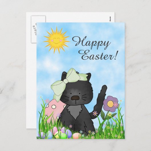 かわいく黒い子ネコ、カラフルの卵のハッピーイースター猫 シーズンポストカード (正面/裏面)