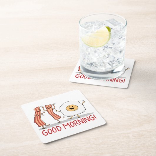 かわいく、おもしろいなベーコン・エッグのおはよう スクエアペーパーコースター (インサイチュ)