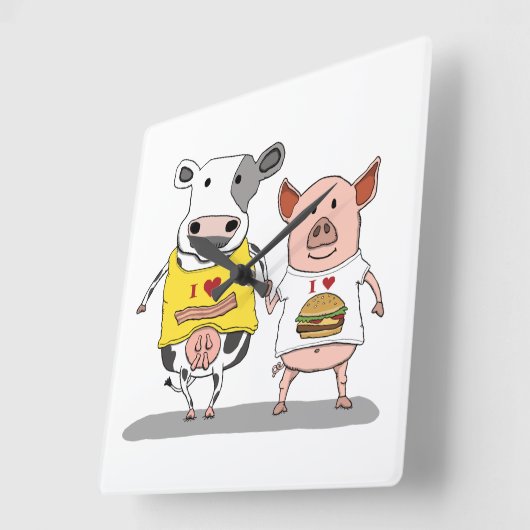 かわいく、おもしろいな牛およびブタの友人 スクエア壁時計 (傾斜)