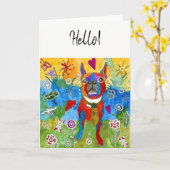 かわいく、カラフルなボストンテリアの挨拶状 カード (黄色い花)
