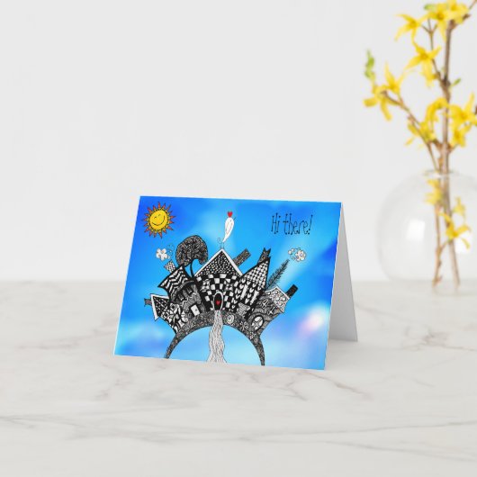 かわいく、カラフルな家および鳥の挨拶状 カード (黄色い花)