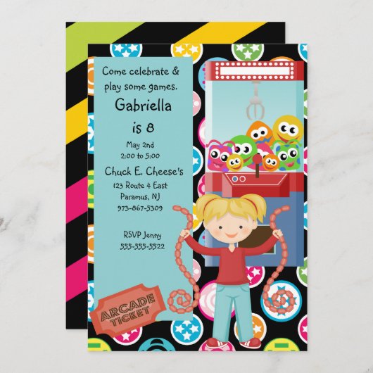 かわいく、数々のな色、アーケードの誕生日の女の子の招待状 招待状 (正面/裏面)