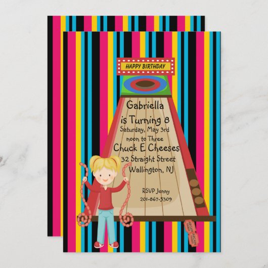かわいく、明るく、ストライプのな女の子のアーケードの招待状 招待状 (正面/裏面)