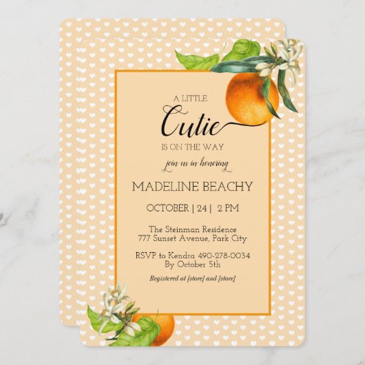 かわいこちゃんは途中オレンジ色の赤ちゃんシャワー招待状 招待状 (正面/裏面)