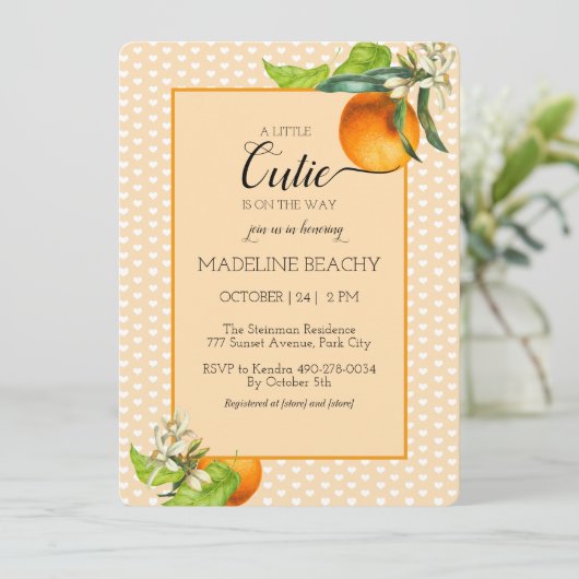 かわいこちゃんは途中オレンジ色の赤ちゃんシャワー招待状 招待状 (スタンド正面)