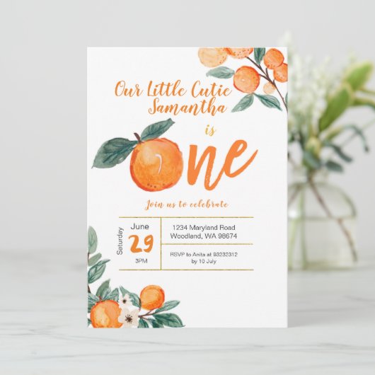 かわいこちゃんオレンジファースト誕生日招待状 招待状 (スタンド正面)