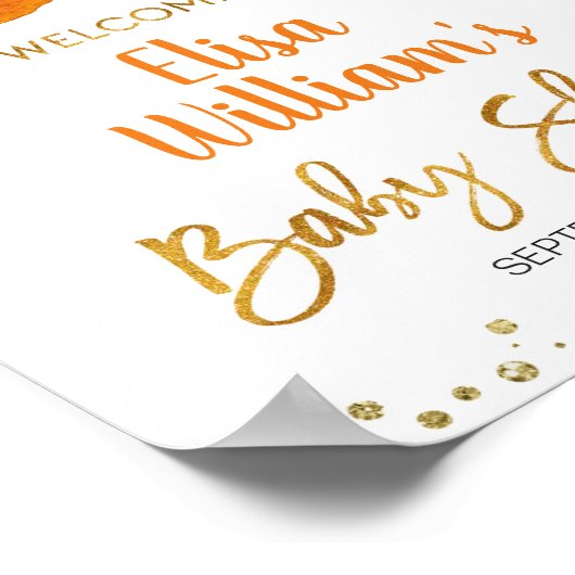 かわいこちゃんオレンジ色の赤ちゃんシャワー歓迎サイン ポスター (角)