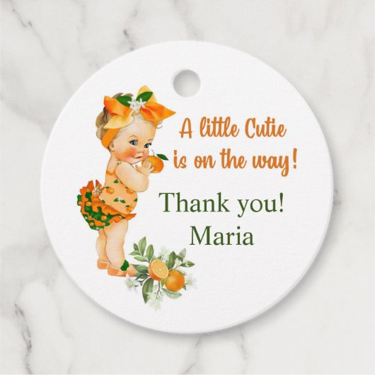 かわいこちゃんオレンジ色ベビーシャワーメッセージカード フェイバータグ (正面)