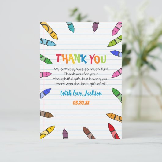 かわいこちゃんクレヨンアート紙カラフルパーティー誕生日 サンキューカード (スタンド正面)