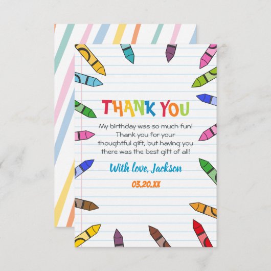 かわいこちゃんクレヨンアート紙カラフルパーティー誕生日 サンキューカード (正面/裏面)