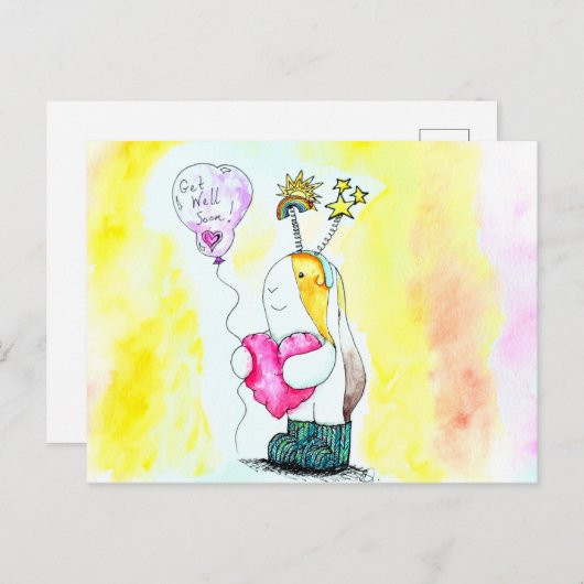 かわいこちゃんザギニアピッグGet Well Soonイラストレーション ポストカード (正面/裏面)