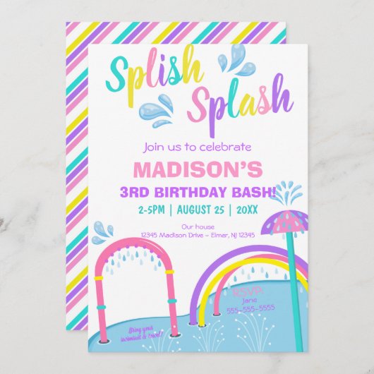 かわいこちゃんスプラッシュスプラッシュパッドウォーターパークガール誕生日 招待状 (正面/裏面)