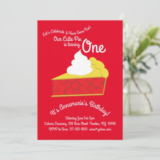 かわいこちゃんパイさくらんぼパイ1st誕生日かわいい招待状 招待状 (スタンド正面)