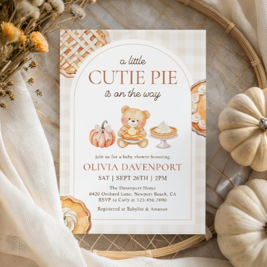 かわいこちゃんパイギンガムテディベア秋ベビーシャワー 招待状
