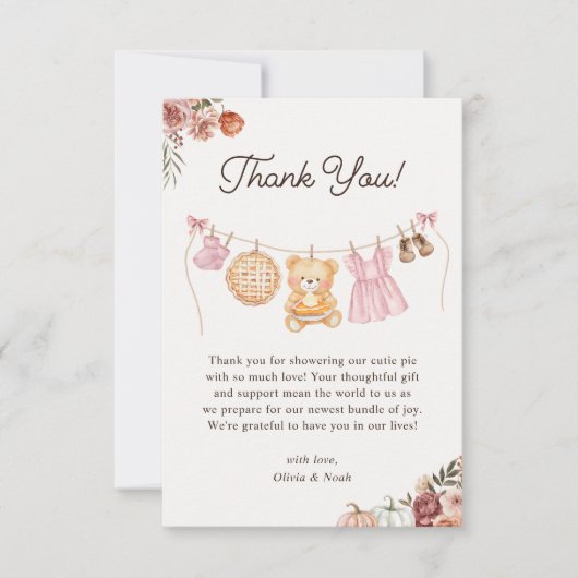 かわいこちゃんパイピンク秋テディベアガールベイビーシャワー サンキューカード (正面)