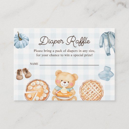 かわいこちゃんパイブルー秋ボーイベビーシャワーオムツラッフル エンクロージャーカード (正面)