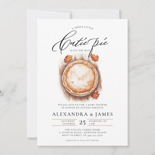 かわいこちゃんパイ秋コードニュートラルウォーター色ベビーシャワー 招待状 (正面)