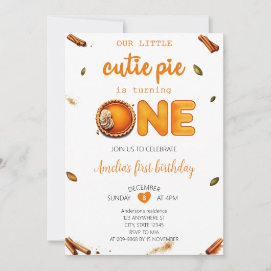 かわいこちゃんパイ秋素朴オレンジジンガム1st誕生日 招待状 (正面)