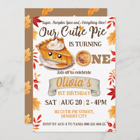 かわいこちゃんパイ秋1stバースデーガールボーイファースト秋 招待状 (正面/裏面)