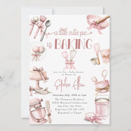 かわいこちゃんパイ | 水彩ピンクの女の子ベビーシャワー 招待状 (正面)