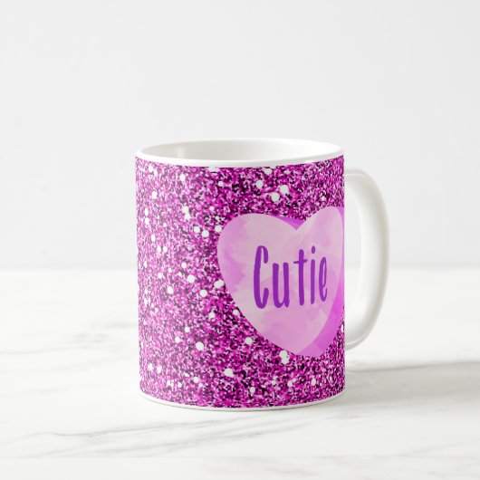 かわいこちゃんピンクキャンディハートフェイクグリッター コーヒーマグカップ (正面右)