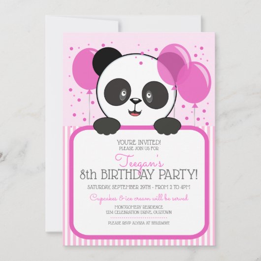 かわいこちゃんピンクパンダバースデーパーティ招待状 招待状 (正面)