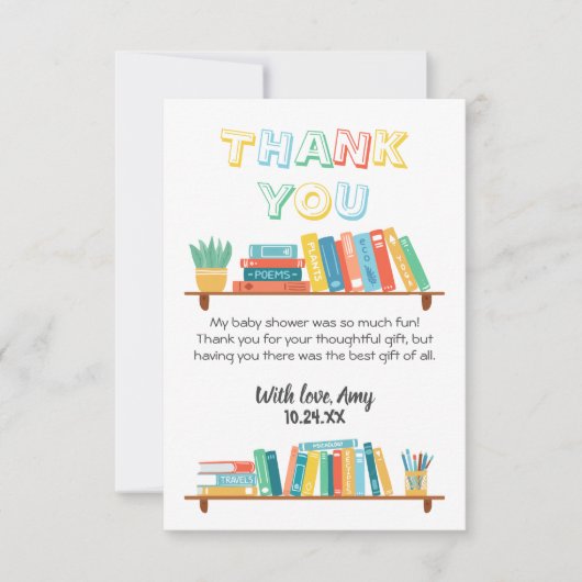 かわいこちゃんブックおたくをテーマにした背景ベビーシャワー サンキューカード (正面)