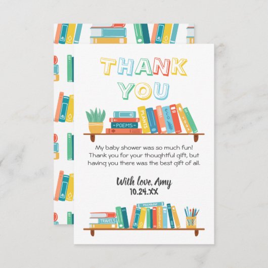 かわいこちゃんブックおたくをテーマにした背景ベビーシャワー サンキューカード (正面/裏面)