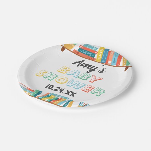 かわいこちゃんブックおたくをテーマにした背景ベビーシャワー ペーパープレート (アングル)