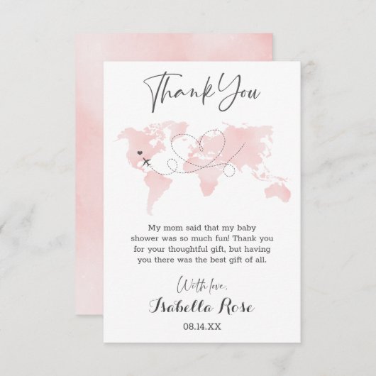 かわいこちゃんマップトラベルアドベンチャー赤面ピンクベビーシャワー サンキューカード (正面/裏面)