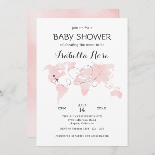かわいこちゃんマップトラベルアドベンチャー赤面ピンクベビーシャワー 招待状 (正面/裏面)