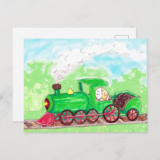 かわいこちゃんモルモットが列車を走絵画る ポストカード (正面/裏面)