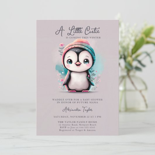 かわいこちゃん来ズこの冬ペンギンの女の子の赤ちゃんシャワー 招待状 (スタンド正面)