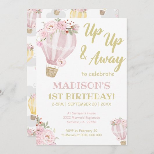 かわいこちゃん花熱気球ガール1st誕生日 招待状 (正面/裏面)