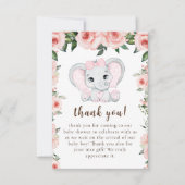 かわいこちゃん象赤面ピンクフローラガールベビーシャワー サンキューカード (正面)