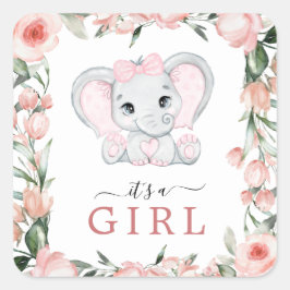 かわいこちゃん象赤面ピンクフローラガールベビーシャワー スクエアシール
