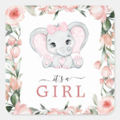 かわいこちゃん象赤面ピンクフローラガールベビーシャワー スクエアシール (正面)