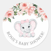 かわいこちゃん象赤面ピンクフローラガールベビーシャワー ラウンドシール (正面)