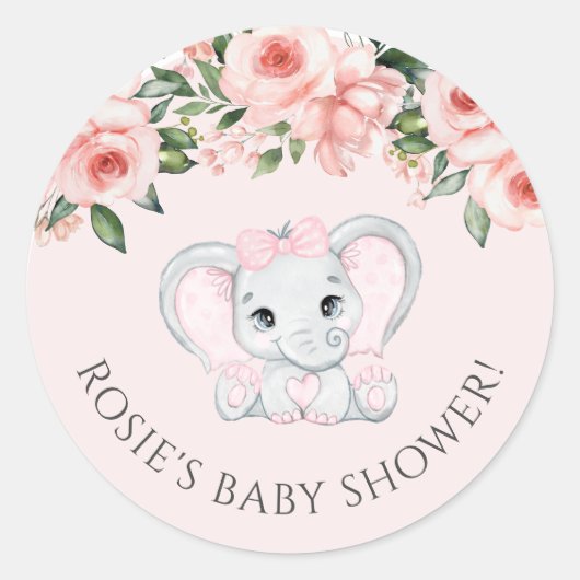かわいこちゃん象赤面ピンクフローラガールベビーシャワー ラウンドシール (正面)