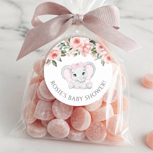 かわいこちゃん象赤面ピンクフローラガールベビーシャワー ラウンドシール