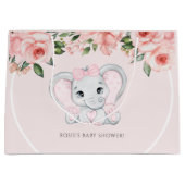 かわいこちゃん象赤面ピンクフローラガールベビーシャワー ラージペーパーバッグ (正面)